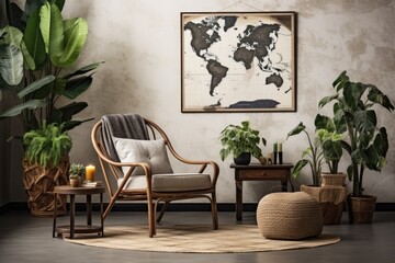 The modern retro style of home interior incorporates a design rattan armchair, coffee table, commode, plants, a mock up poster map, various decorations, and personal accessories, resulting in a