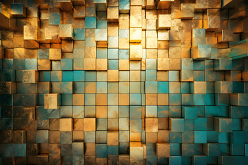 A geometric abstract background featuring a grid-like pattern of square tiles in various sizes and colors: gold, copper, silver, turquoise, etc. Generative AI