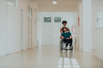 African-American hospital technician compassionately navigating the hospital hallways, pushing his wheelchair-bound colleague, symbolizing unity, support, and inclusivity