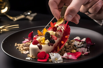 A master chef creatively plating a visually stunning dessert, using intricate techniques and delicate garnishes. Generative AI