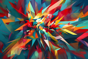 A modern abstract background with overlapping triangular elements in bold contrasting colors: red, yellow, teal. Dynamic composition that evokes a sense of excitement and vibrancy. Generative AI