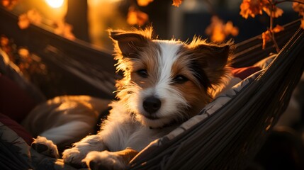 Jack Russell Terrier puppy lying in a hammock at sunset. AI generated