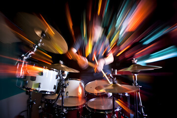 Abstract motion blur photograph of a drummer striking a drum set with power and rhythm, capturing the dynamic motion of the drumsticks. Generative AI