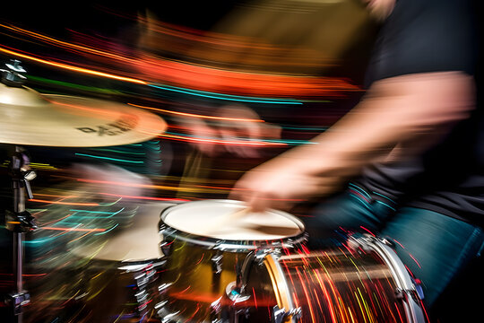 Abstract motion blur photograph of a drummer striking a drum set with power and rhythm, capturing the dynamic motion of the drumsticks. Generative AI