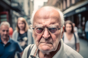 Funny old man with a grumpy face looking angrily at the camera. Shot on the street in a busy city. Generative AI