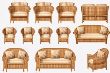 A collection set of outdoor garden rattan and straw couches, Generative Ai