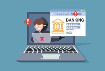 Operator thief calls the laptop to send fake link to user transaction banking app. Fraud scam and steal private data on devices. vector illustration flat design for cyber security awareness concept.