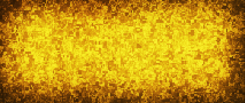 Golden particle squares with abstract background. Disco gold party background. Digital communication technology.