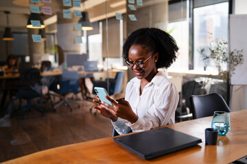 Black businesswoman working on laptop. Portrait of beautiful businesswoman in the office. Woman using the phone..