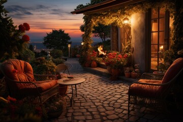 A patio in a backyard during the evening sunset. - obrazy, fototapety, plakaty