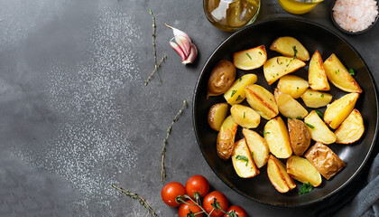 Roasted potatoes. Baked potato wedges in frying pan on dark stone background. Top view with copy space.