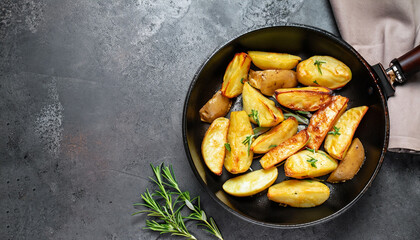 Roasted potatoes. Baked potato wedges in frying pan on dark stone background. Top view with copy space.