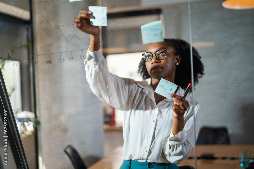 Wall mural Businesswoman in conference room. Young African businesswoman making a business plan. Woman writing on the glass board in office..