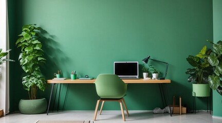 Modern workplace with laptop near green wall in room