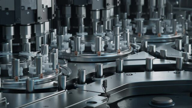 Industrial Machinery for Battery Cell Production. High Capacity Batteries for Automotive Industry on Conveyor. Lithium-ion Cells for High-voltage Electric Vehicle Batteries Manufacturing Process.  