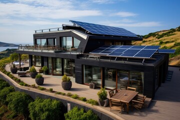 Fototapeta premium The house roof is adorned with solar photovoltaic panels.