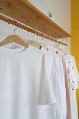Fototapeta na wymiar White t-shirt hanging on a wooden hanger in the interior