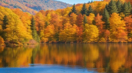 A tranquil lake surrounded by a vibrant forest of autumnal trees.