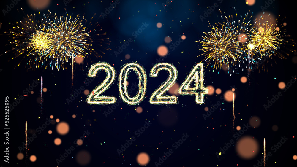Poster happy new year 2024 celebration concept. slow motion bokeh particle confetti and sparkling fireworks