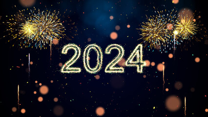 Happy new year 2024 celebration concept. Slow motion bokeh particle confetti and sparkling fireworks on a dark background.