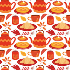 Autumn dishes seamless pattern. Vector cozy cartoon desserts pattern