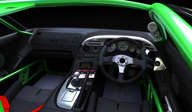 3D model of the interior of a coupe car with a sporty interior layout.