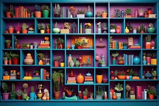 Stunning vibrant shelves adorned with various household items
