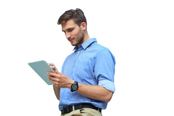 Young man using his tablet on a transparent background
