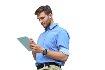 Young man using his tablet on a transparent background