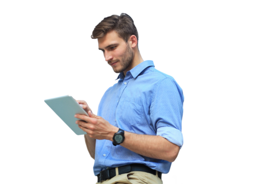 Young man using his tablet on a transparent background