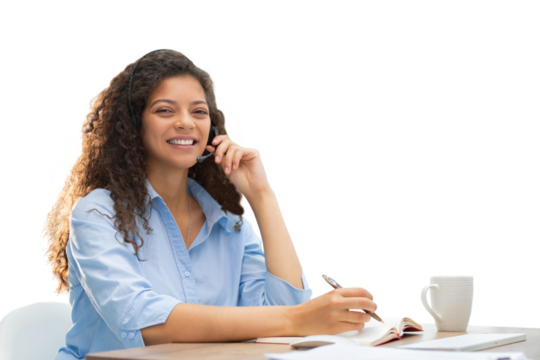 Female customer support operator with headset and smiling on a transparent background.