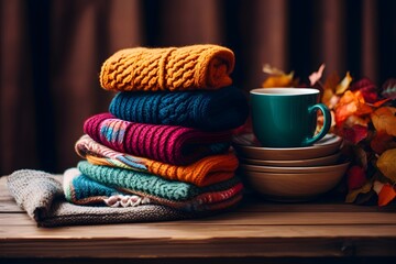 Obraz na płótnie Canvas A photograph featuring a stack of colorful autumn sweaters on a wooden table, paired with a comforting mug of hot cocoa. The image perfectly captures the coziness and warmth of the fall season.