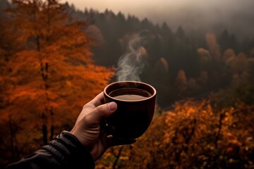 A cozy image featuring a hand holding a steaming cup of coffee, set against the vibrant backdrop of an autumn forest. 
The photo invokes warm feelings associated with sipping hot drinks on cool fall d - obrazy, fototapety, plakaty