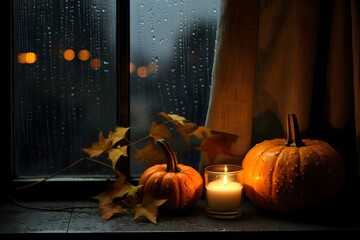 A comforting image showcasing candles and a pumpkin placed on a window sill, offering a cozy view of a rainy autumn evening. 
The photo provides a feeling of warmth and tranquility during the fall sea
