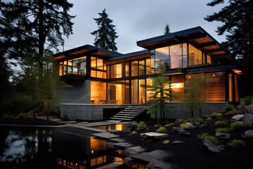 Fototapeta premium Contemporary residence located in Oregon during the evening hours