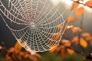 A mesmerizing close-up photo of dew drops delicately clinging to a spider web on a crisp autumn morning. 
The image captures the beauty and detail of nature during the fall season. - Powered by Adobe