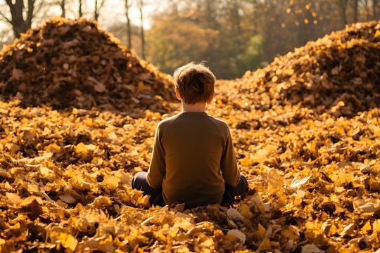 A heartwarming image of a child playing in a pile of fallen autumn leaves, capturing the innocent joy and excitement of the season. 
This photo encapsulates the sense of fun and adventure inherent in 