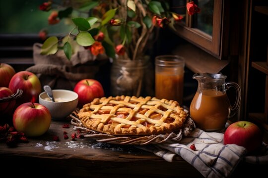 A cozy scene of baking homemade apple pie in a welcoming kitchen. This photo, filled with warm, 
inviting tones and delicious ingredients, embodies the culinary traditions and home comforts of autumn.