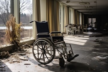 Fototapeta na wymiar A wheelchair present in a room within a nursing home.