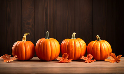 Four orange pumpkins on a wooden background with autumn leaves