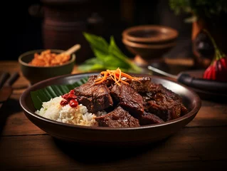 Fotobehang A plate of food with beef rendang on it. Generative AI © Paradoxx