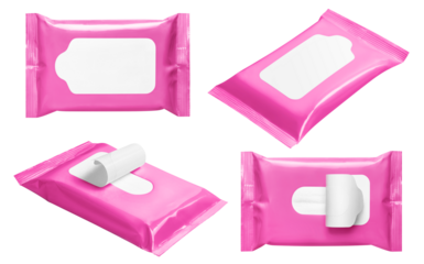 Set of pink wet wipes flow pack, cut out