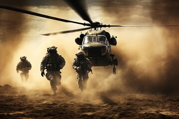 Helicopter landing. A group of special forces soldiers run towards the camera in front of a helicopter in the sandy dust. Wind from propeller blades. AI generated image.