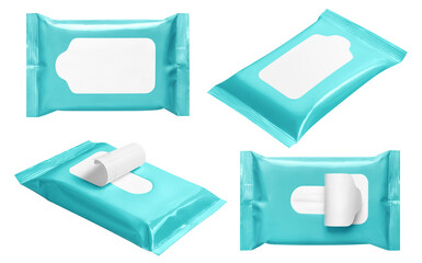 Set of turqouise wet wipes flow pack, cut out