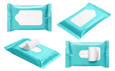 Set of turqouise wet wipes flow pack, cut out