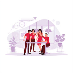 Group of young businesspeople laughing happily while collaborating on a new project in the office. Trend Modern vector flat illustration