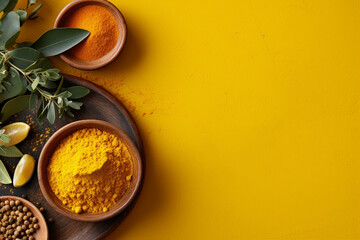 Illustration ai generated picture of different spices ingredients herbs on wooden board basil turmeric isolated yellow color background
