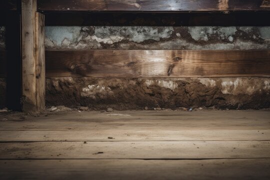 A detailed look at a residential basement where a home inspector is examining for structural flaws like decayed wood and moisture, with available space for text.