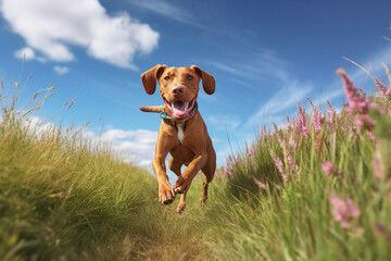 Portrait picture of funny dog generative ai illustration collage running active through field green grass flowers happiness funny animal