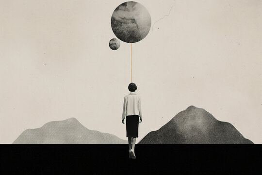 Created with generative ai technology collage person woman looking at the moon hanging alone planet sadness retro picture background